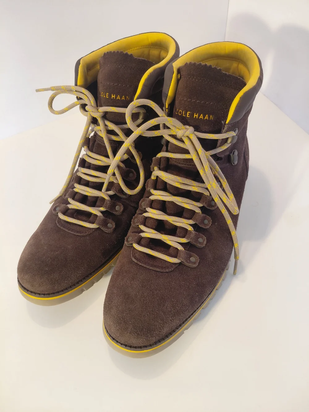 Cole Haan Men's Brown Suede Hiker Boots with Yellow Trim